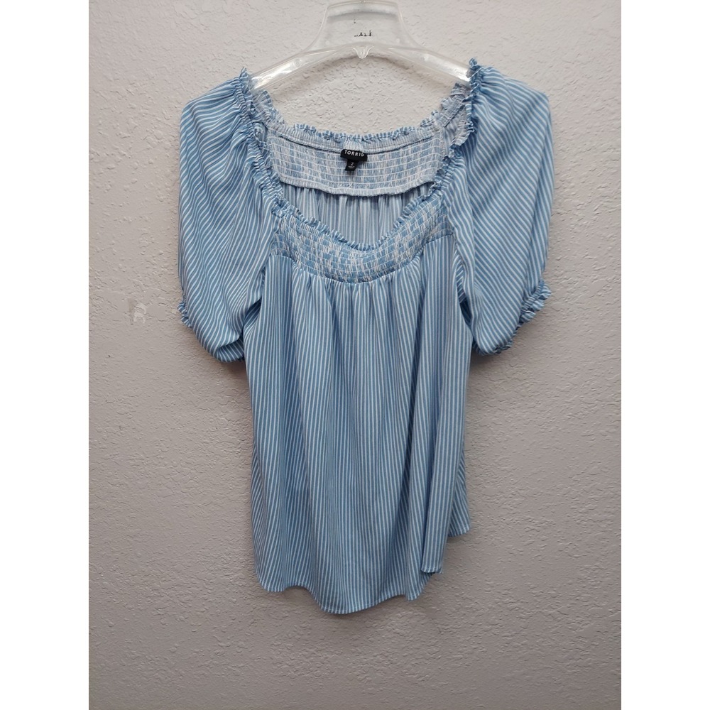Torrid Top womens 2 Blue Smocked Baby Doll Flowy Ballon Sleeve‎ Striped Coastal